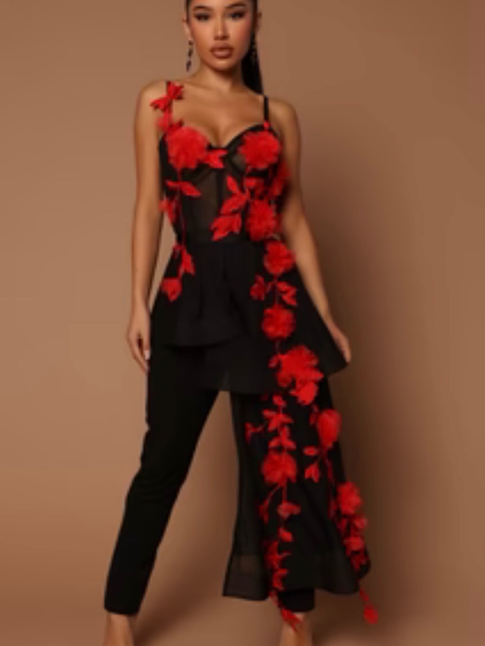 Black Skinny Jumpsuit Pants with Red Floral Appliqué